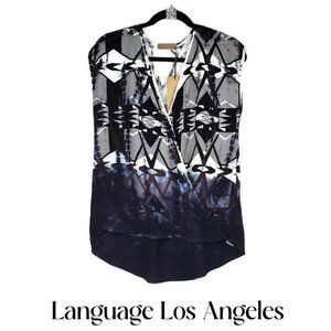 Language Los Angeles geometric pattern short slv blouse,hi-low longer inthe back